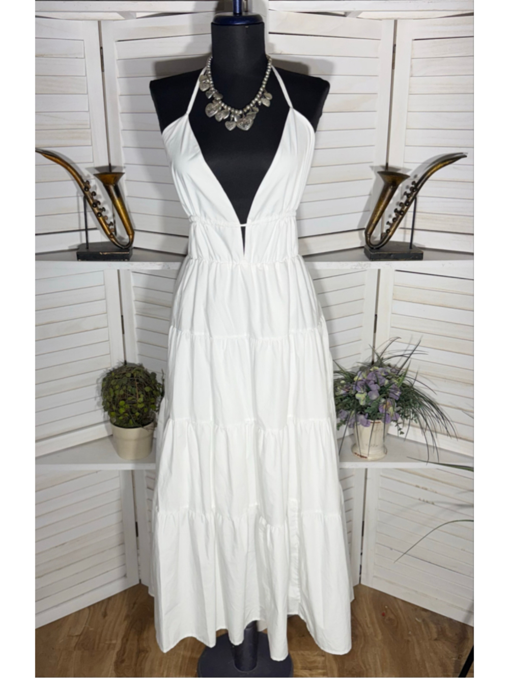 Vintage Y2K maxi dress backless plunge white tiered coquette boho fairy cocktail